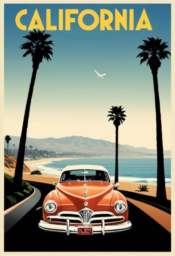 California Retro Travel Poster – Vintage Car & Beach Road