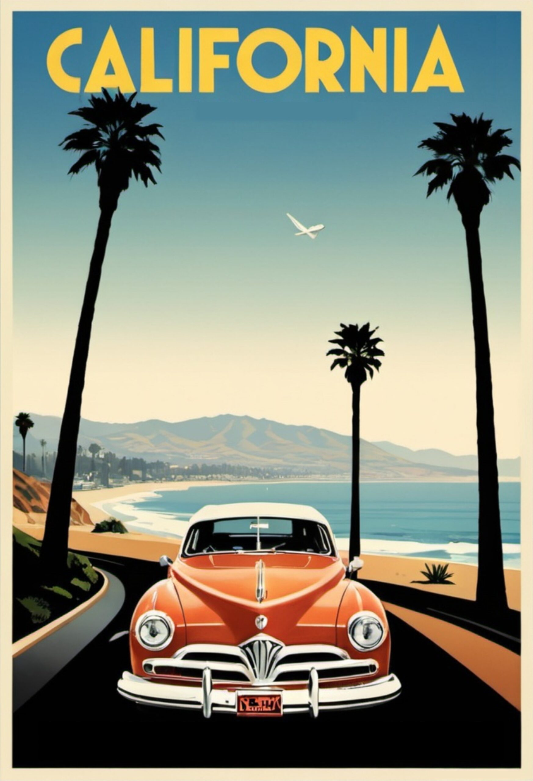 California Retro Travel Poster – Vintage Car & Beach Road