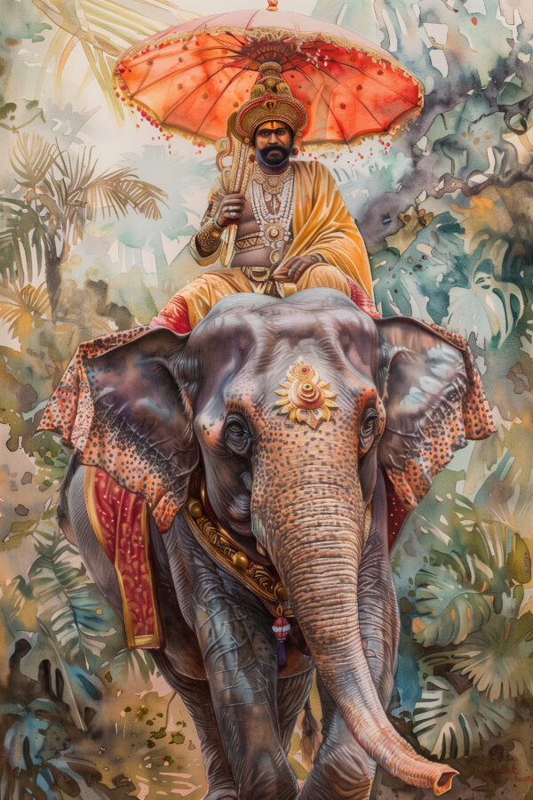 Royal King on Elephant Watercolor