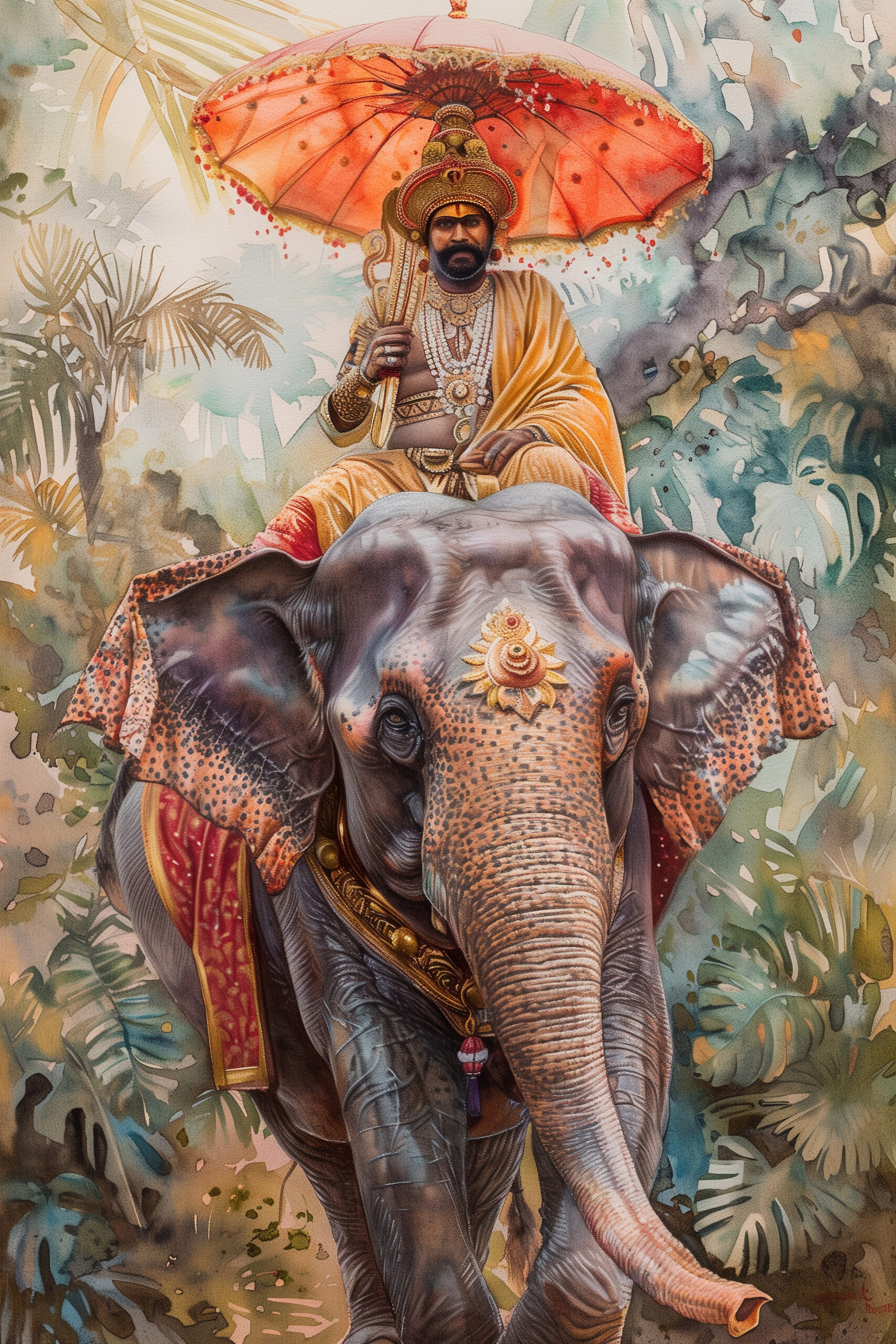 Royal King on Elephant Watercolor